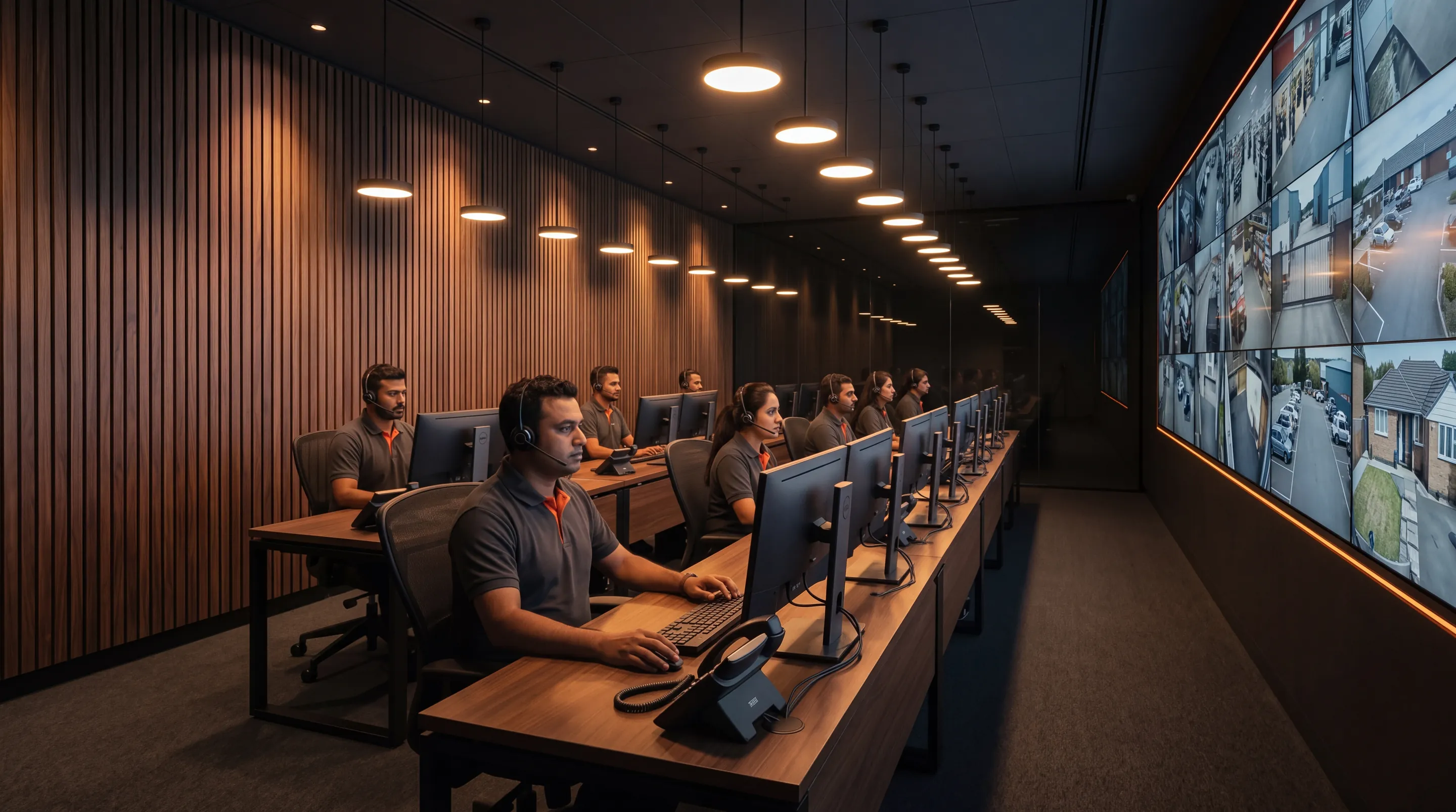 A row of operators at their desks in a long monitoring room beside a wall of camera views