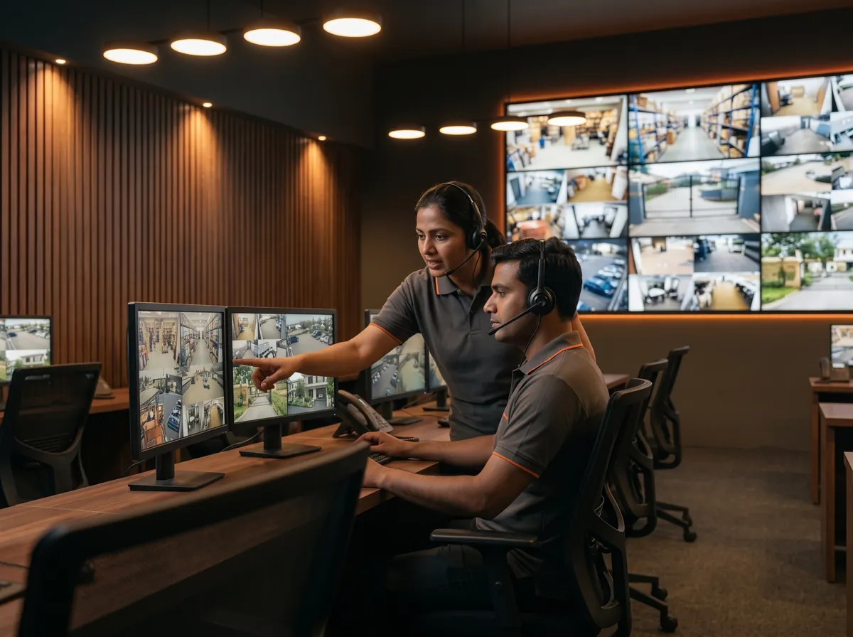 Two operators at monitoring desks, one pointing at a camera view on a screen