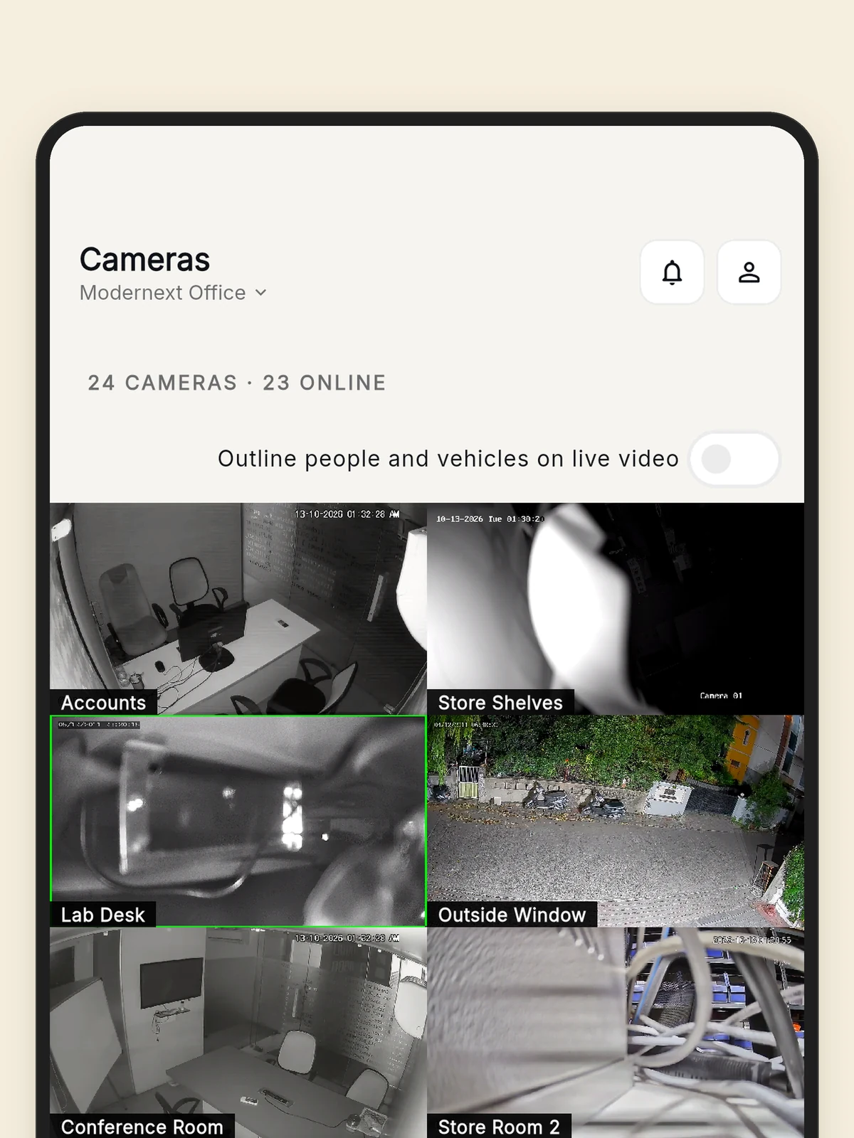 The Modernext NVR app on a phone, showing camera pictures
