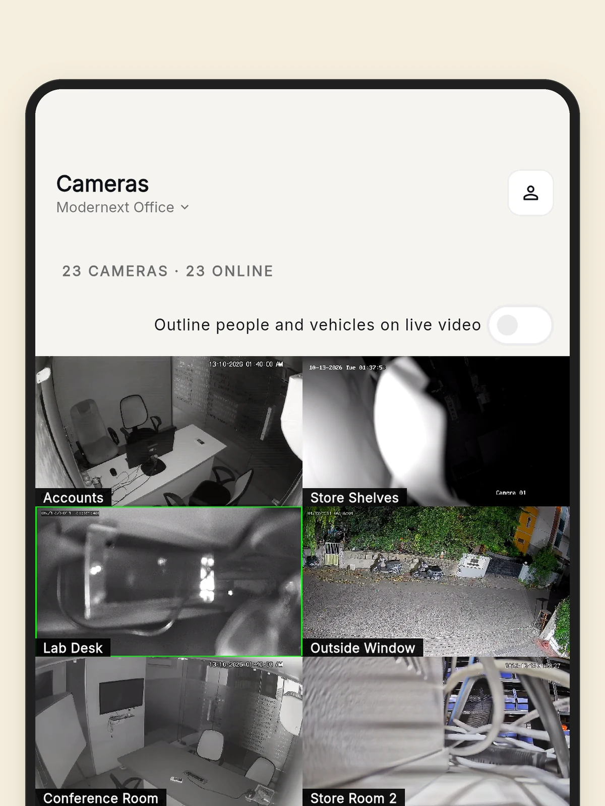 The Modernext VMS app on a phone, showing camera pictures