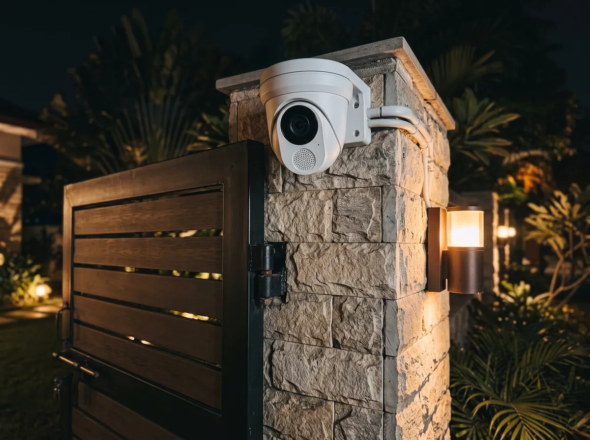 A camera fixed to a stone gate pillar at night