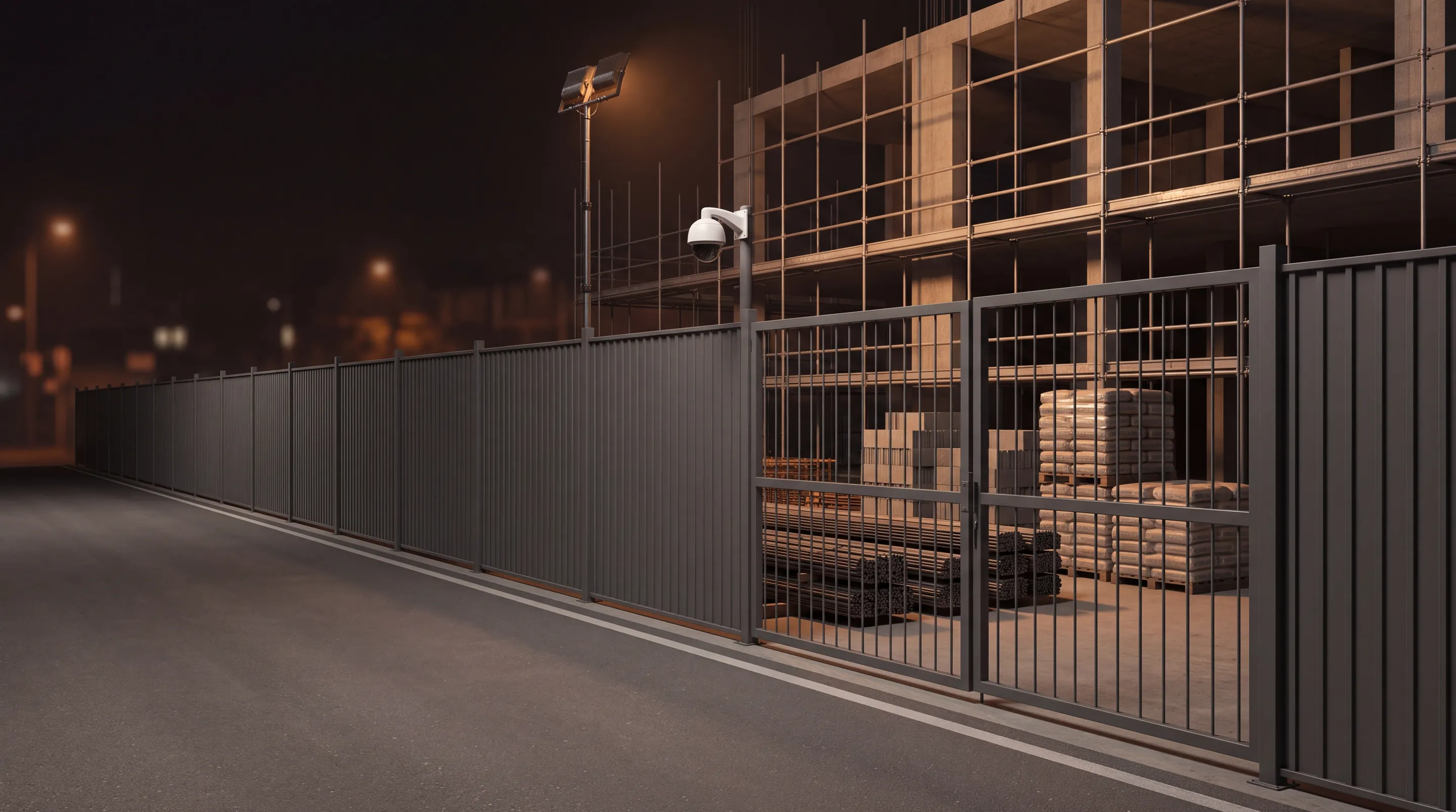 A construction site boundary fence at night, with stacked material behind it and a camera on a pole