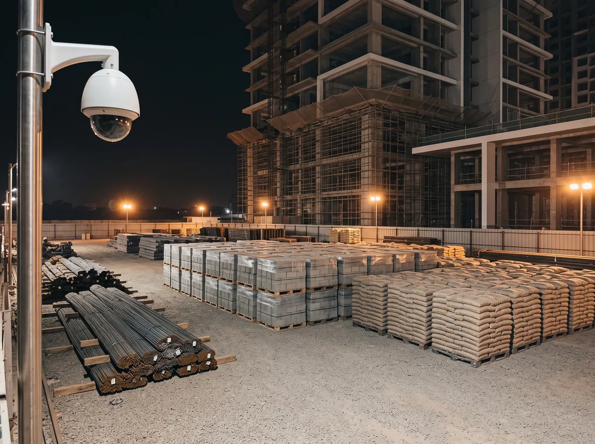 Steel bars and cement bags stacked on a construction site at night, under a dome camera