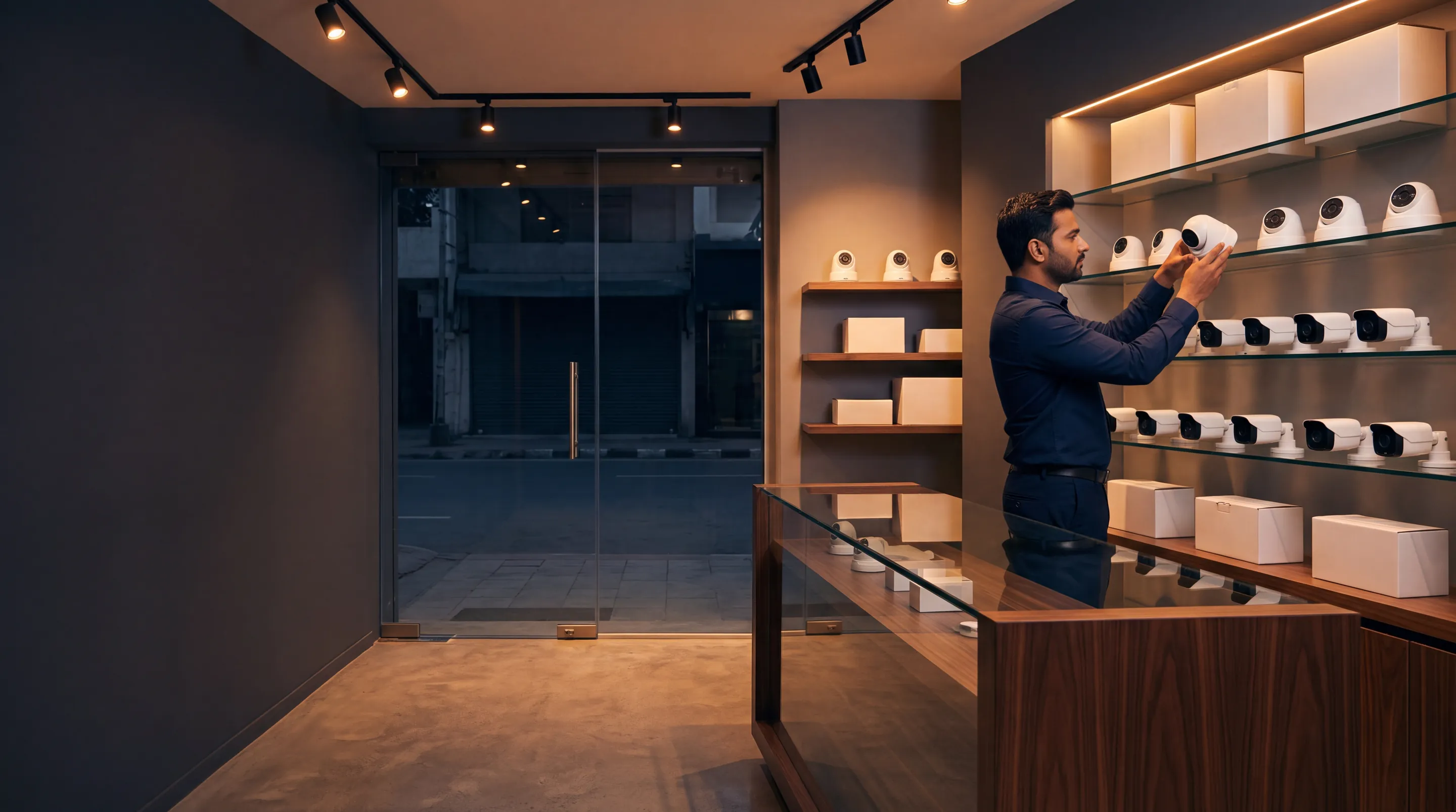 A dealer arranging cameras on the shelves of a shop after closing