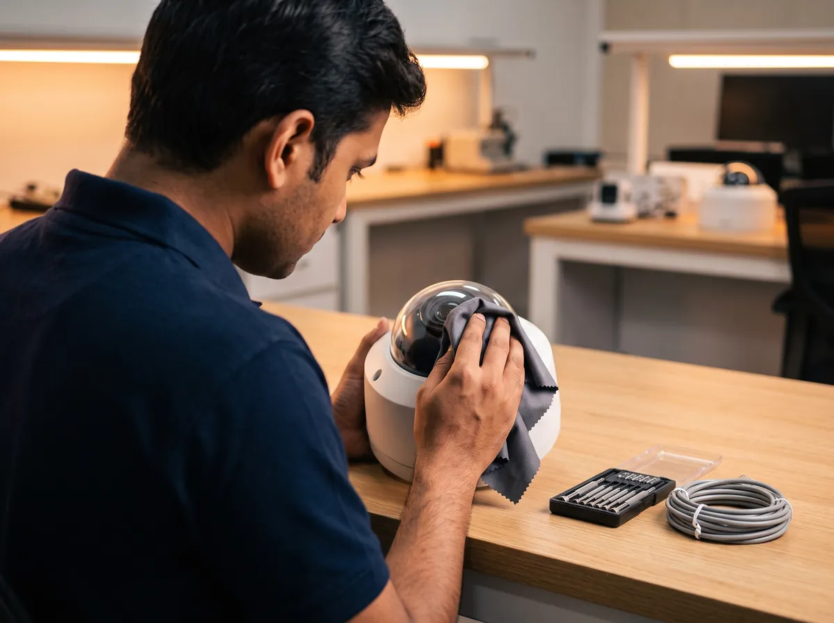 A technician wiping a dome camera on a service bench, with cable and a screwdriver set beside it