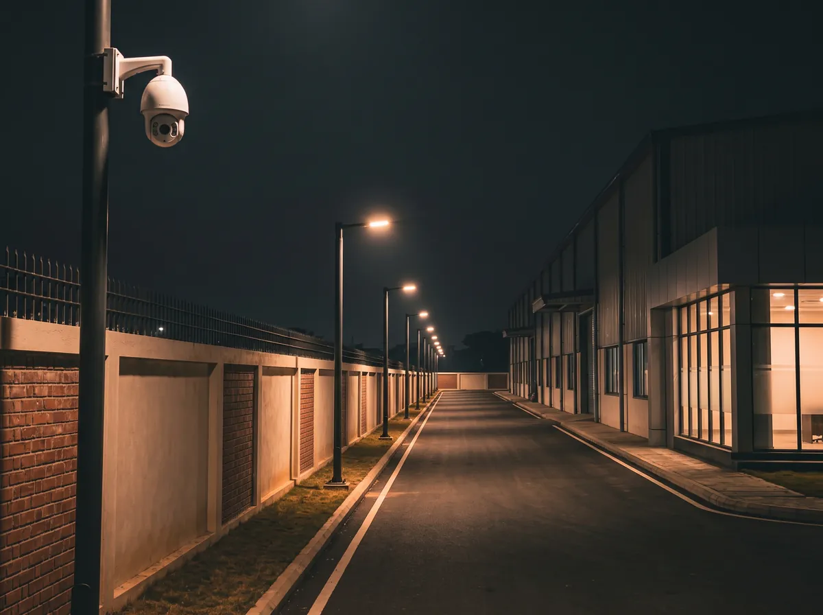 A factory boundary wall at night with a camera on a lamp pole