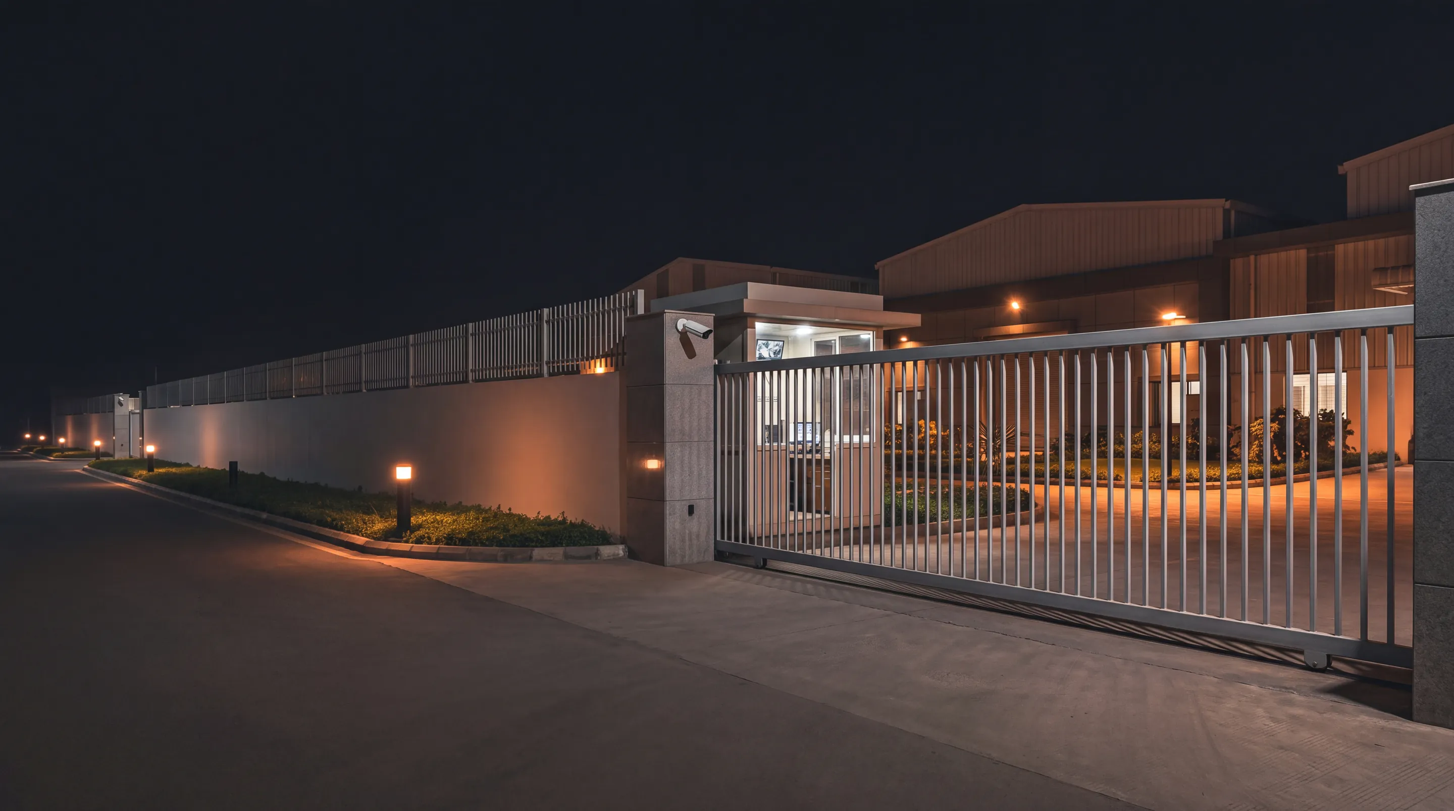 A factory gate and guard cabin at night beside a long boundary wall