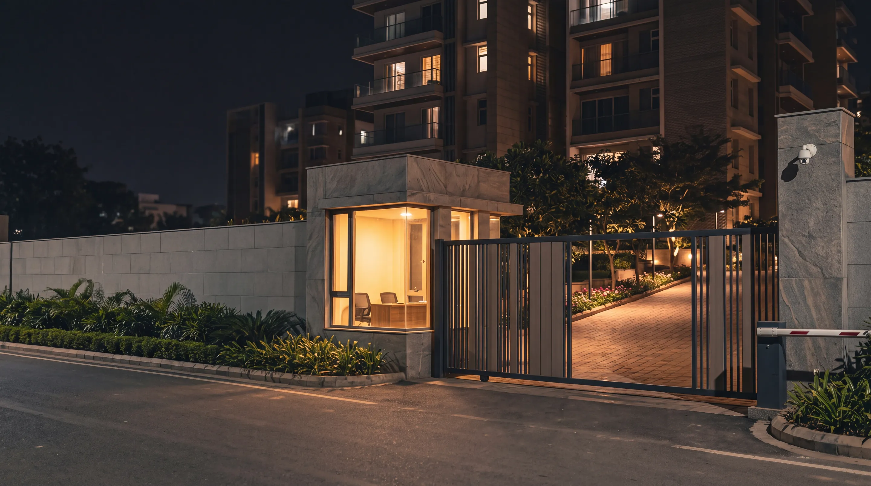 The gate of a housing society at night: a lit guard cabin, a boom barrier and one camera on the gate pillar