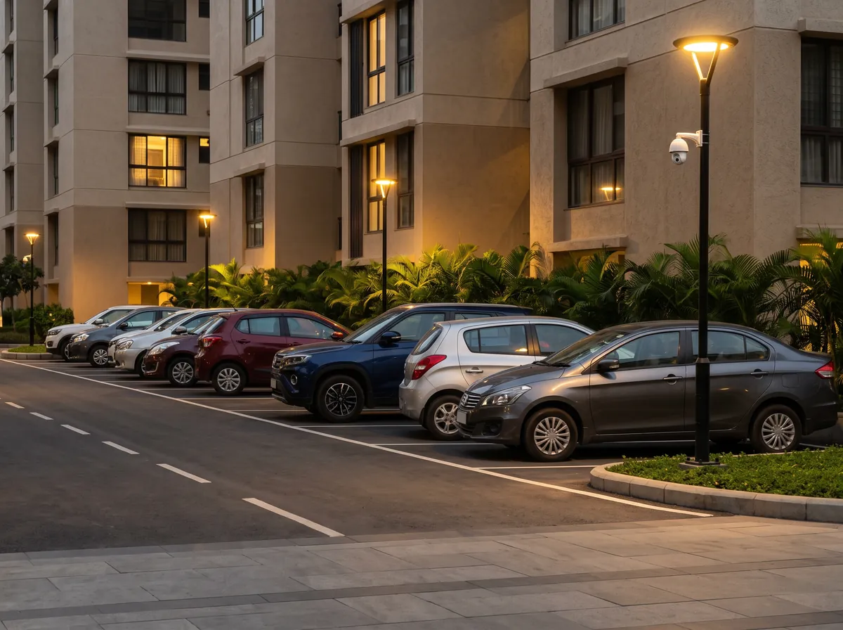 Cars parked in a row under lamps inside a housing society at night, with one camera on a lamp pole
