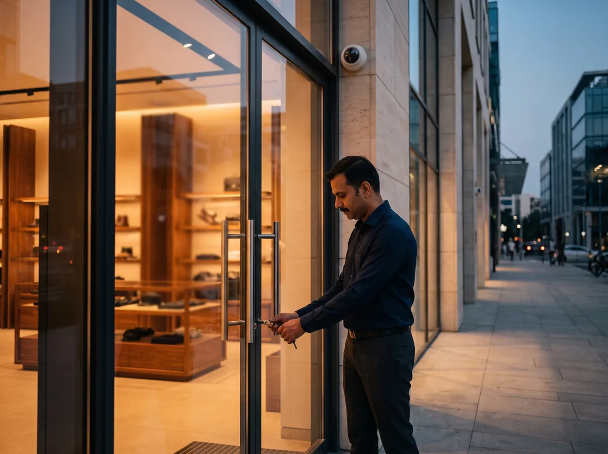 A showroom owner locking his glass door at closing time under a security camera