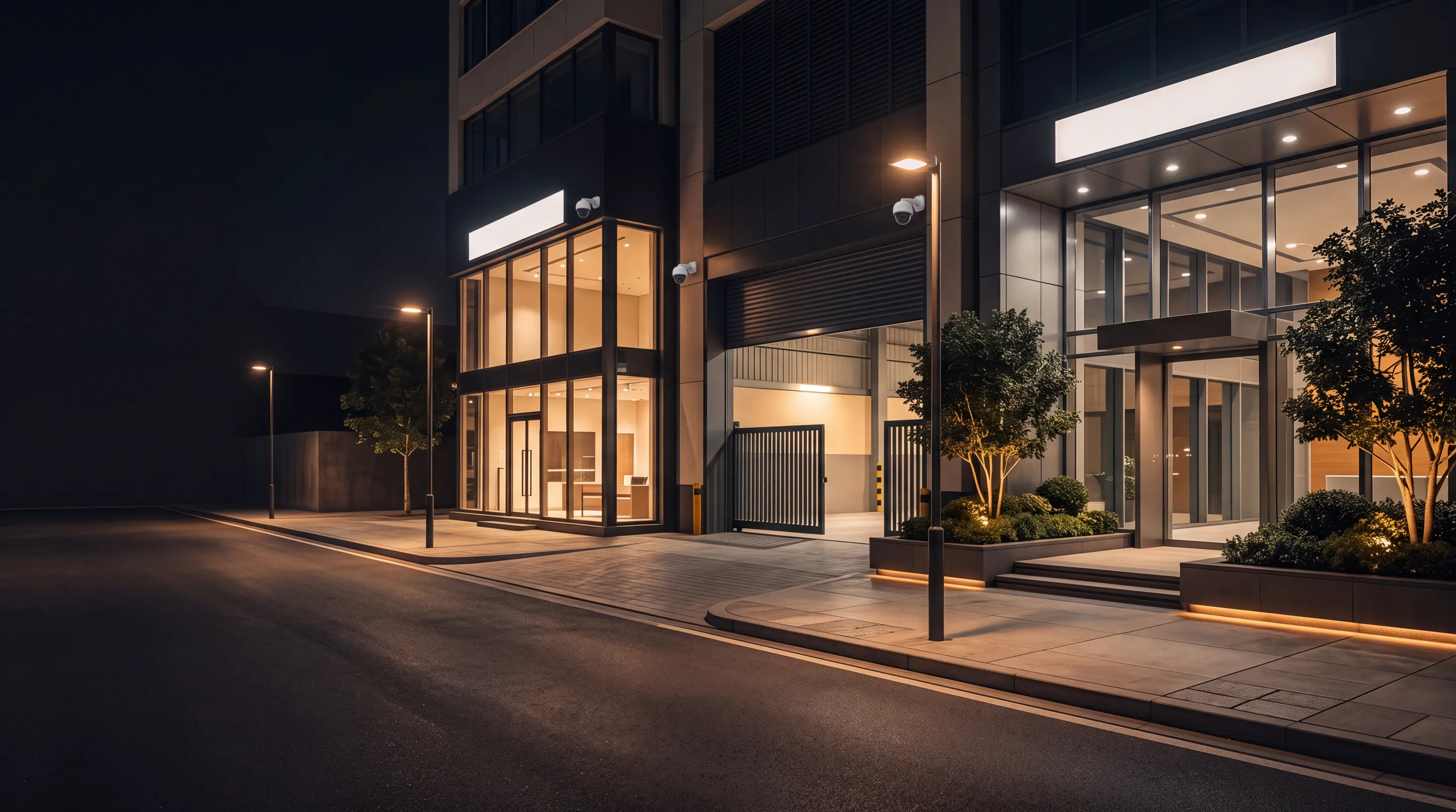 A modern showroom, warehouse gate and office entrance at night, each watched by a security camera