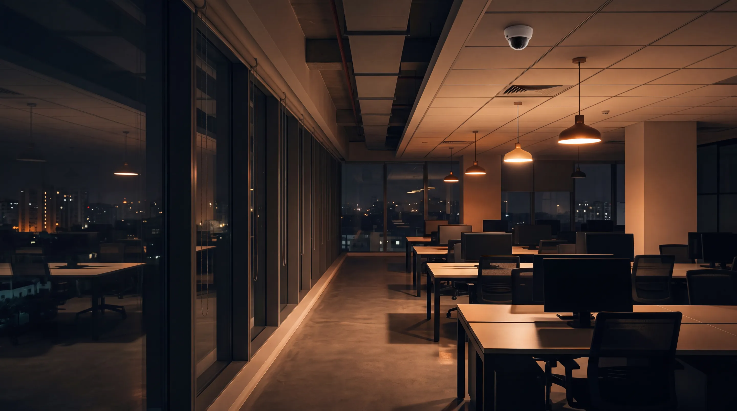 An office floor after hours, with desks and computers and a camera on the ceiling