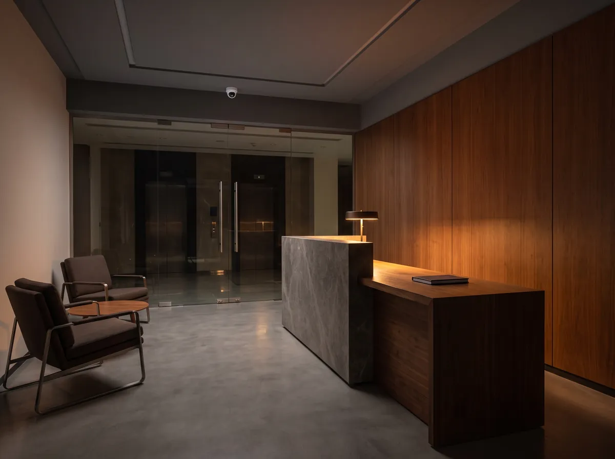 An office reception desk after hours, with a camera above the lift lobby
