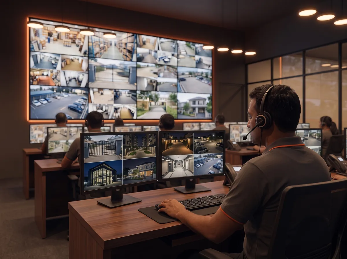An operator at a desk with several screens of camera views in a monitoring room at night