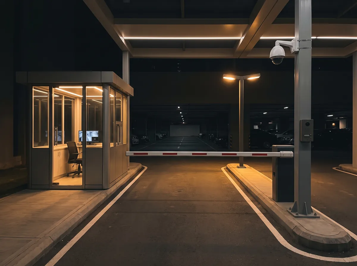 A parking lot entry barrier and guard cabin at night, with a camera on a pole