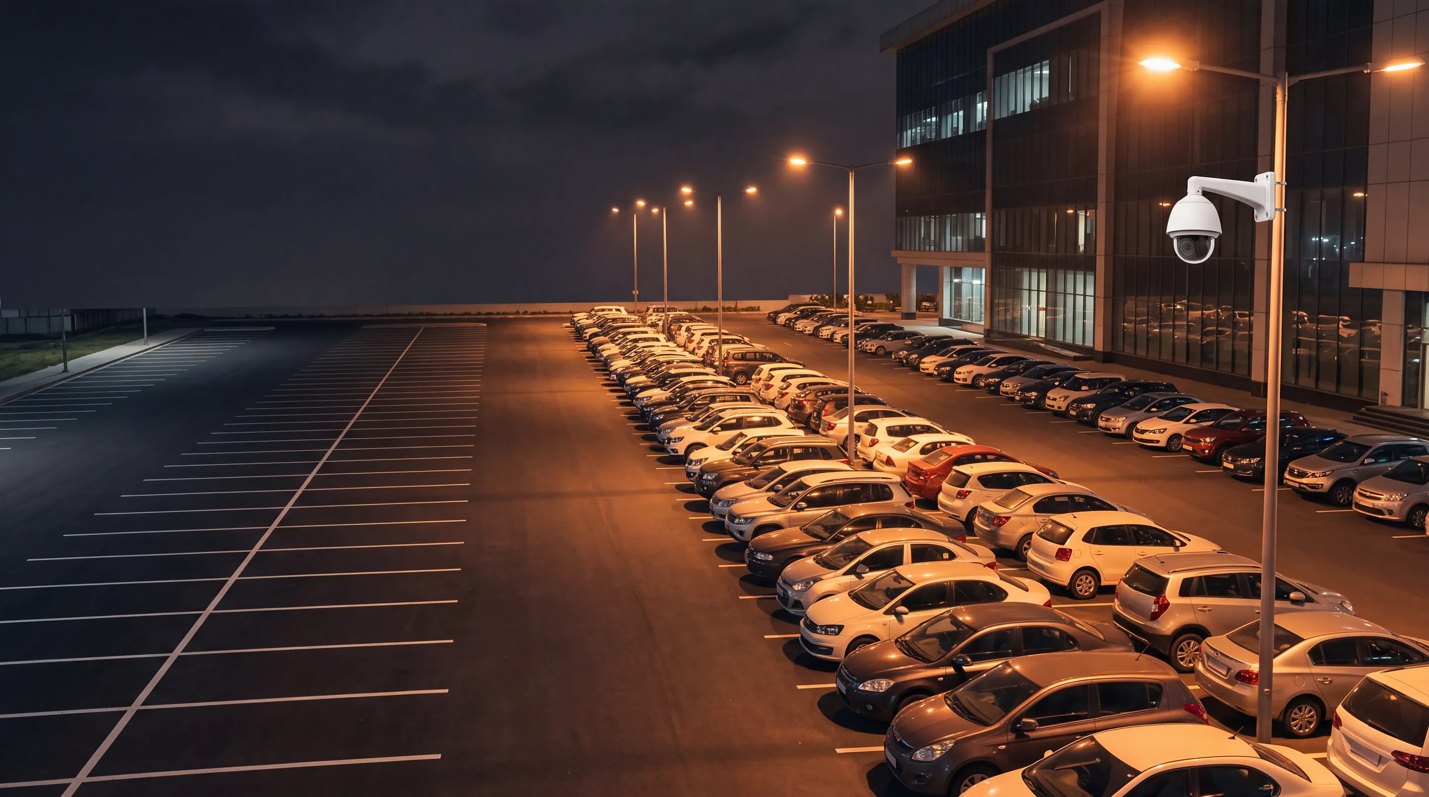 Rows of parked cars in an open parking lot at night under street lights, with a camera on a pole