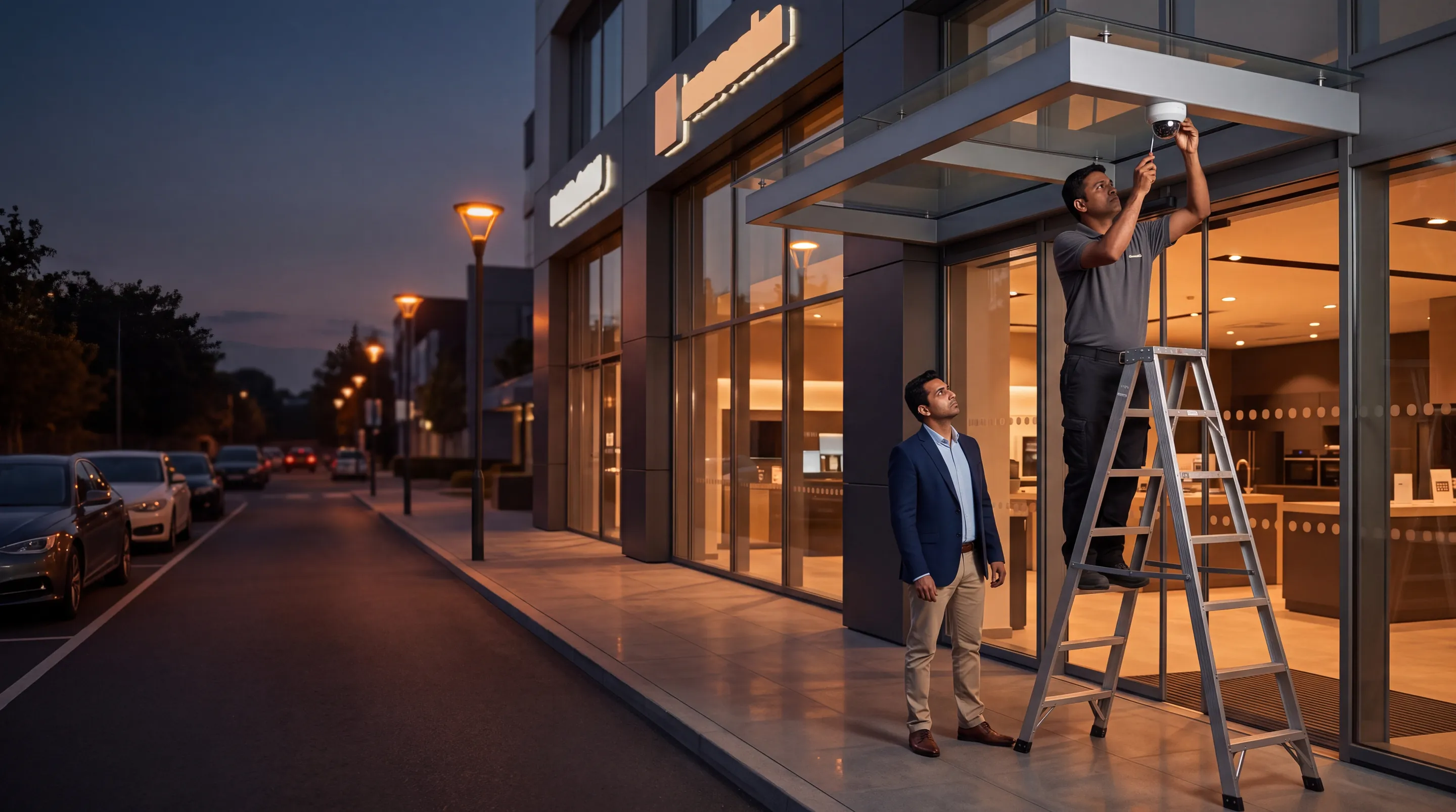 An installer on a ladder fitting a camera under the canopy of a shop front at dusk while the owner watches from the pavement