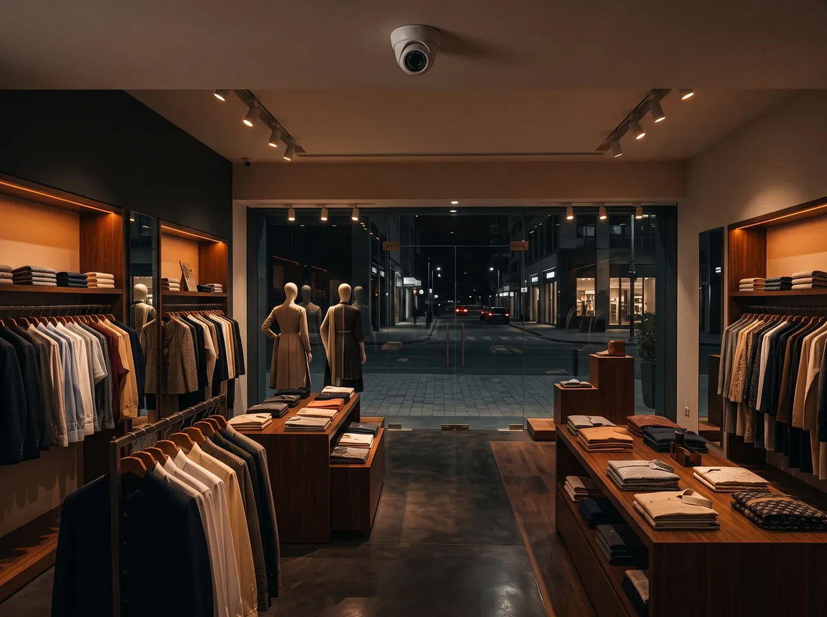 Inside a clothing shop at night, with a camera on the ceiling and the street seen through the glass