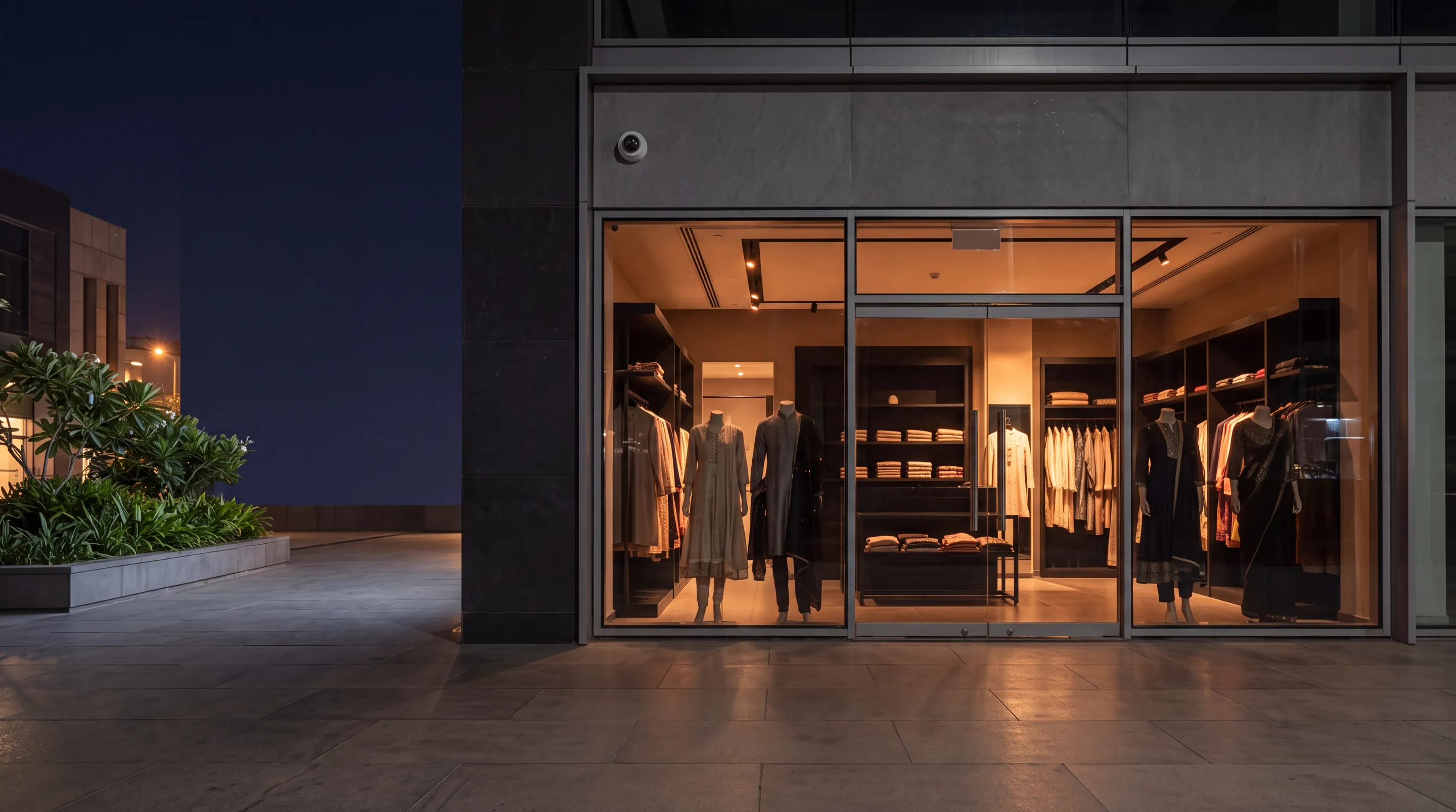 A clothing shop front at night with the lights on inside and a camera above the glass