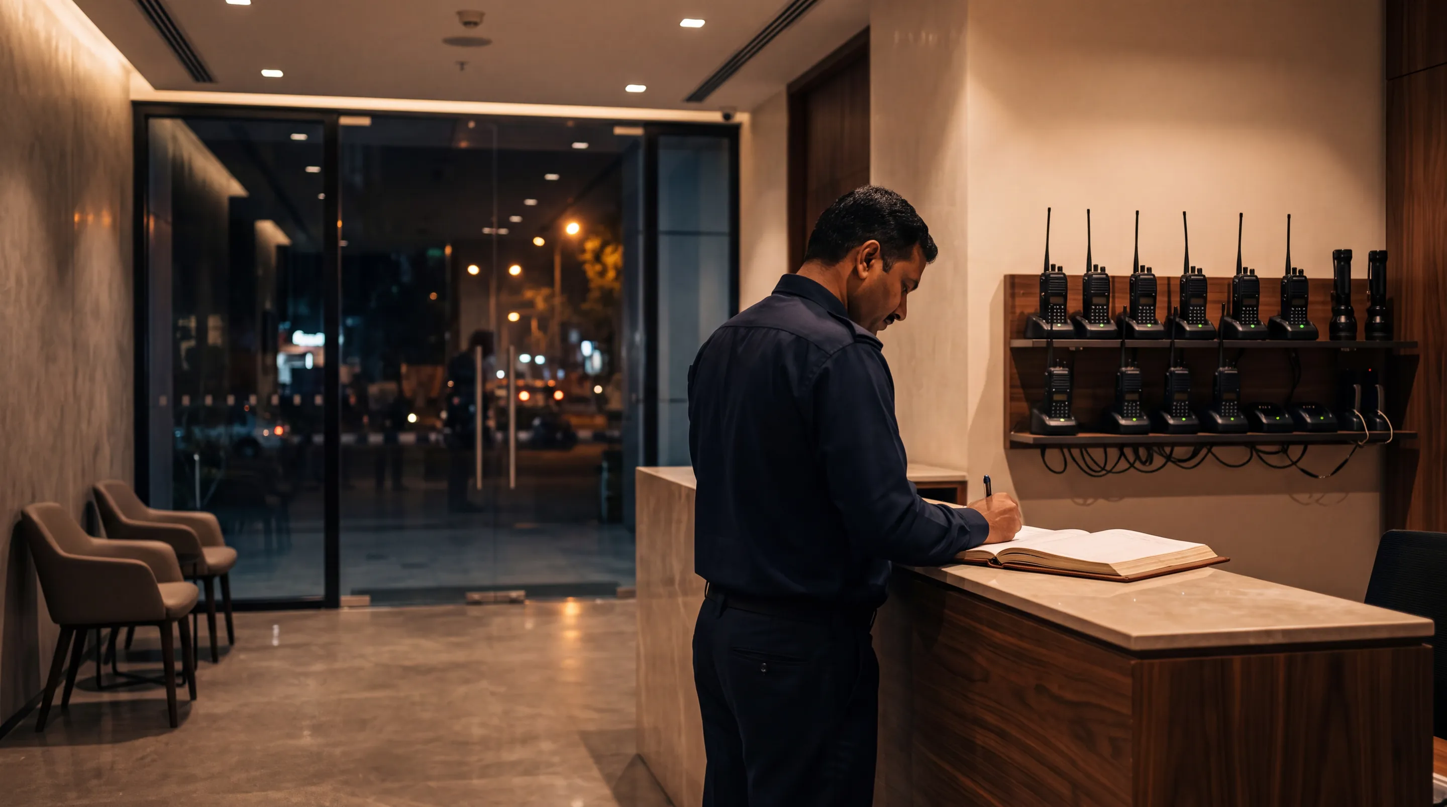 A security guard writing in a logbook at a reception desk after hours, with radios on the wall behind him