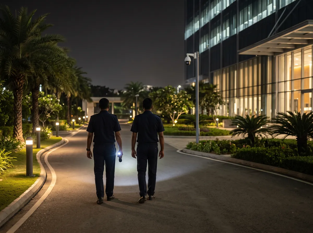Two security guards walking a lit path between buildings at night, one with a torch