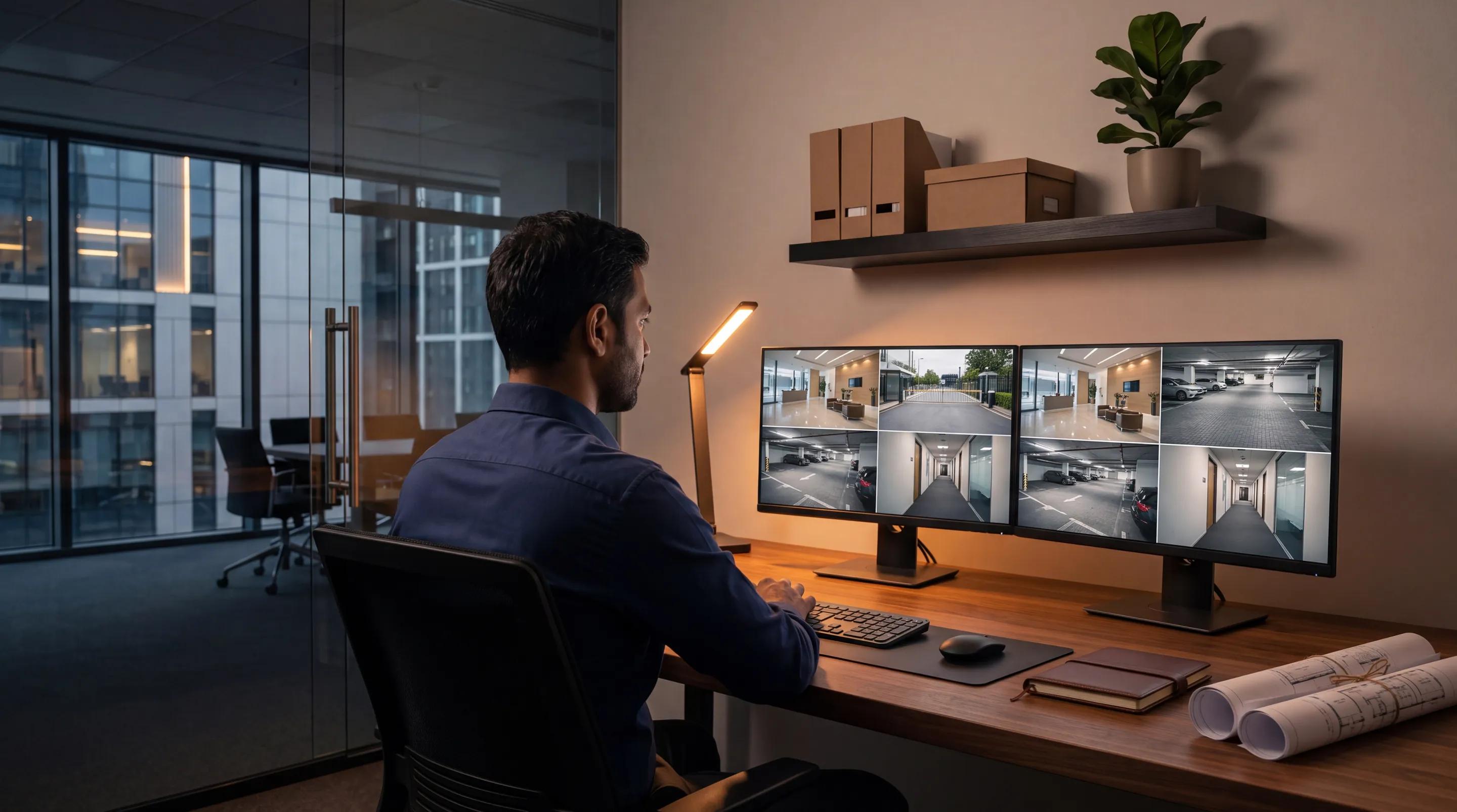 A man at a desk with two screens of camera views, seen from behind his shoulder
