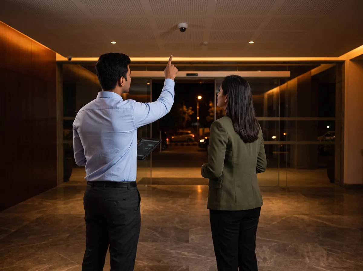 Two people in an office lobby, one pointing up at a camera on the ceiling