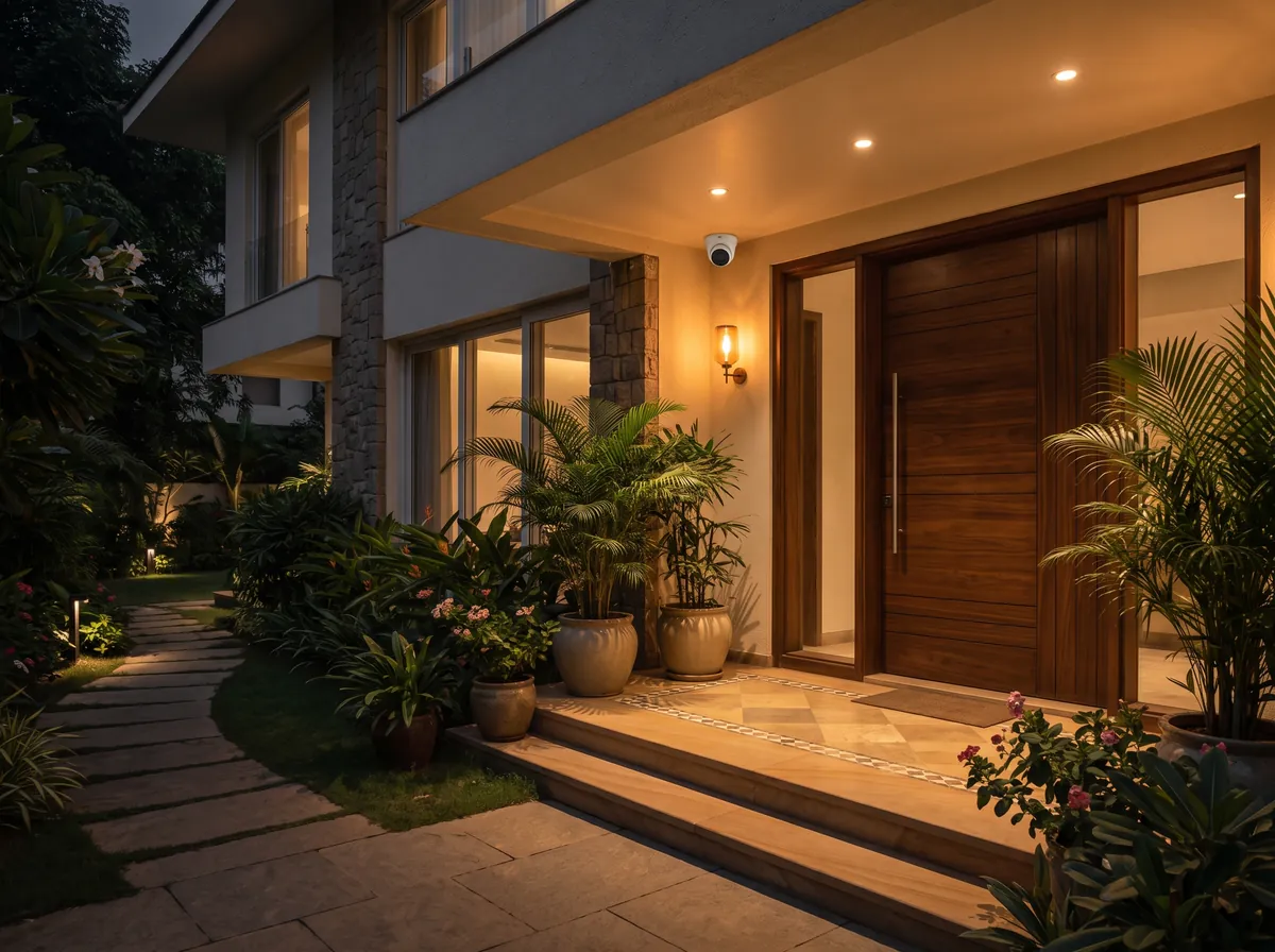 A villa porch and front door lit at night, with a camera under the roof