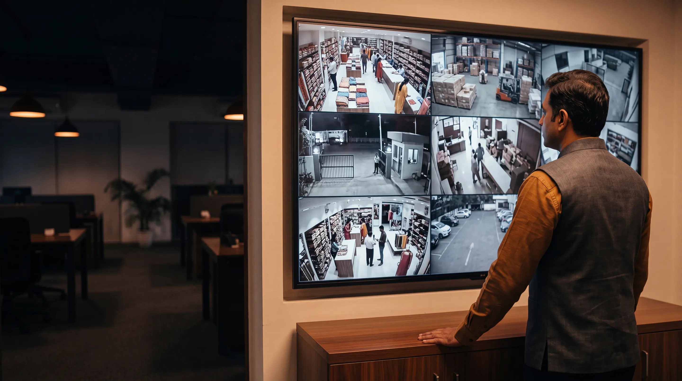 A business owner looking at live views of his cameras on a wall screen in his office