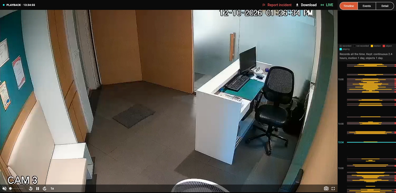 A recording of one camera playing, with the timeline beside it