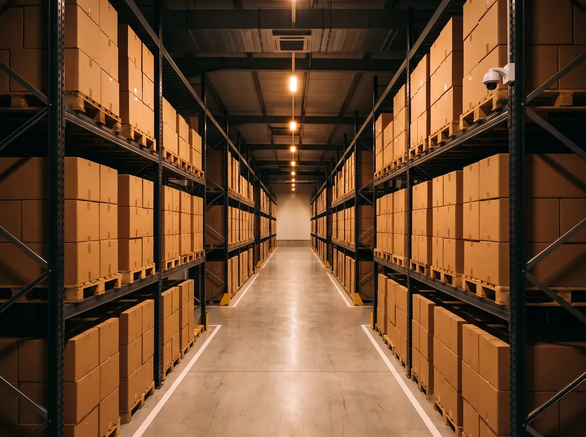 A warehouse aisle between tall racks of boxed stock, with a camera mounted overhead